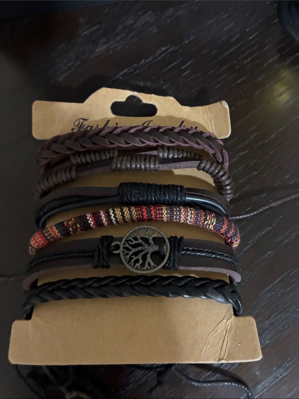 Multi-Strand Brown and Black Leather Bracelet Set with Tree of Life Accent